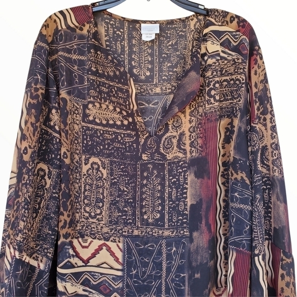 Studio C Plus sz 26 / 28 Tribal print sheer bell sleeve Earthy tones tunic - Picture 3 of 14
